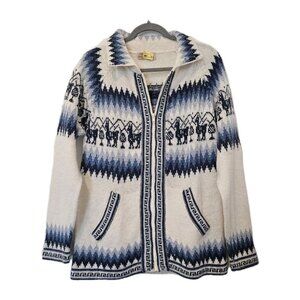 Cream & Blue Peruvian Alpaca Knit Zip Up Cardigan Sweater Knit Jacket Mens Small